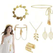 5-Piece Greek Goddess Costume And Accessory Set, Including A Golden Laurel Leaf Headpiece, Tassel Waist Chain, Leaf-Shaped Necklace, Hollowed-Out Golden Leaf Earrings And Armbands. An Elegant Gift For Myth Lovers, Suitable For Female Party Brides' Weddings, Halloween Medusa Role-Playing, Bride Photo Shoots, And Bohemian-Style Weddings - Multicolor - View 9