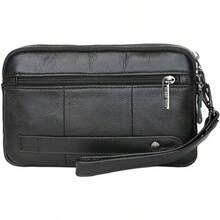 Bolso de mano de piel auténtica unisex, bolso de mano, bolso de mano, bolso para teléfono celular, Mediano Negro - 1 - Ver 3