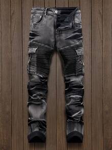 European And American New Men's Street Fashion Versatile Hip-Hop Motorcycle Style Straight Tube Slim Fit Multi Pocket Workwear Jeans - màu đen - Xem 1