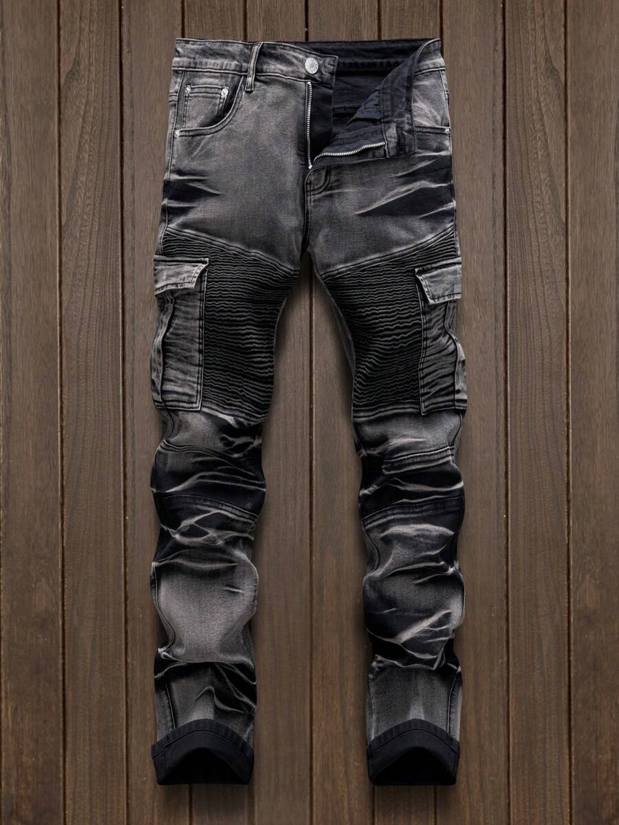 European And American New Men's Street Fashion Versatile Hip-Hop Motorcycle Style Straight Tube Slim Fit Multi Pocket Workwear Jeans - màu đen - Xem 1