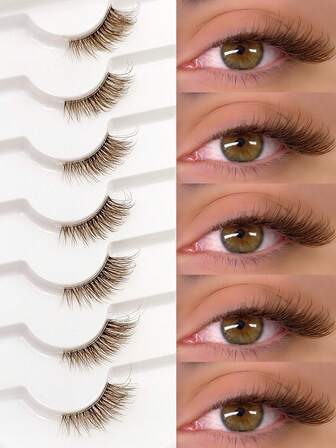  Asiteo 7 Pairs Brown Half Lashes Natural Look Wispy Cat Eye Fluffy False Eyelashes With Clear Band Short Half Eyelashes Strip Lashes, Lashes, Eyelashes, Fake Lashes