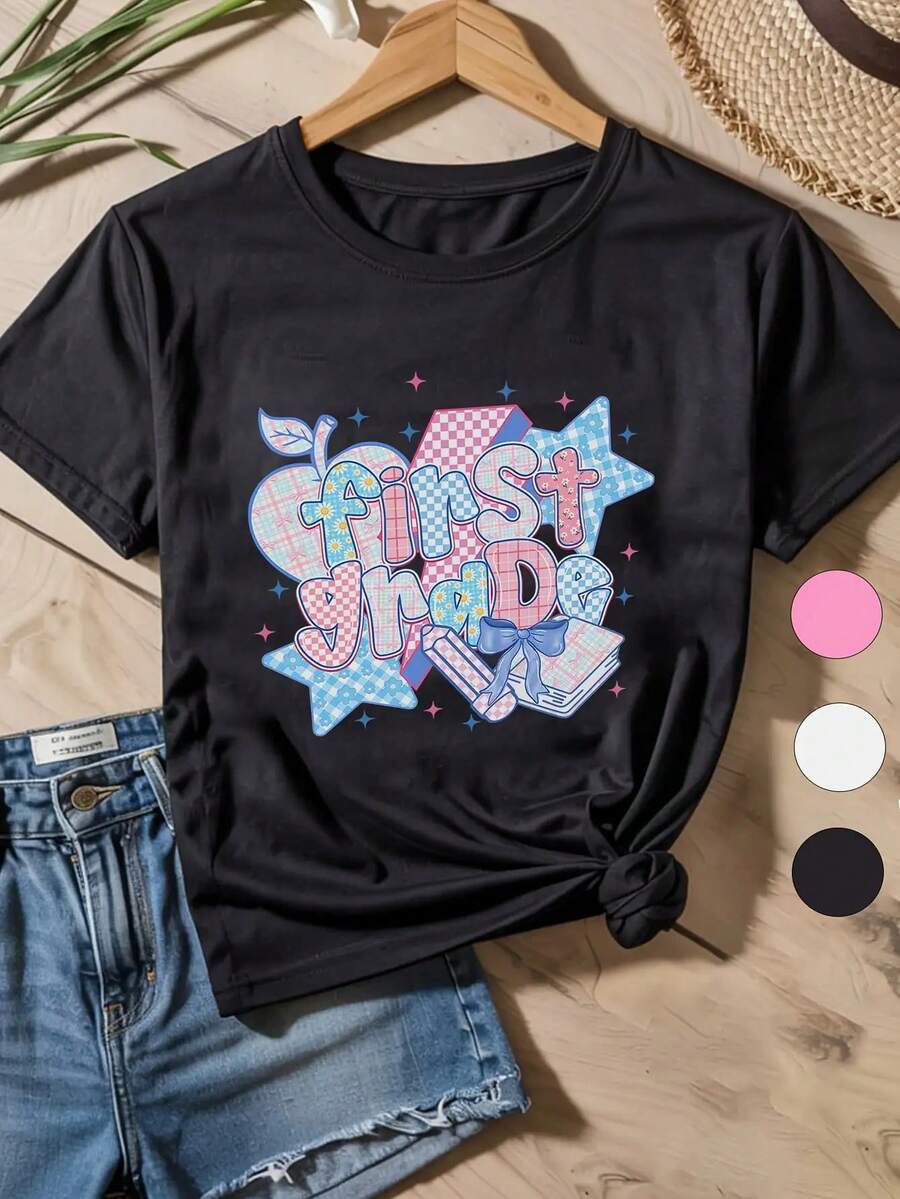 Preppy First Grade Preteen Gir Clothes 10-12 Year Old Girls Short Sleeve Shirt Cute Graphics Cotton Material Casual Fit Multi-Color Version - Black - View 1