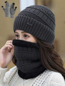 3pcs Knitted Hat, Neck Warmer & Gloves Set, Women Outdoor Solid Color Thermal Lined Warm, Unisex Suitable For Outdoor, Street, Daily Use, Fashion Knitted Hat Set, Ideal Gift Fluffy Valentines Gift - Multicolor - View 2