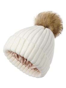 Women Winter Beanie Hat Satin Lined Faux Fur Pom Pom Beanies Hat For Women Winter Warm Knit Hats - A - View 17
