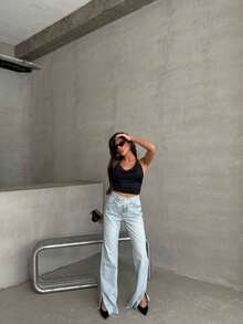 SQUALO Pistachio Green Leopard-Patterned High-Waisted Wide-Leg Pants | Bold And Stylish Design - Dusty Blue - View 5