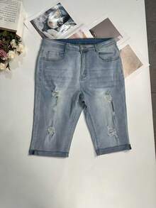 Plus Size Distressed Cuffed 3/4 Length Casual Jeans Summer - Blue - View 4
