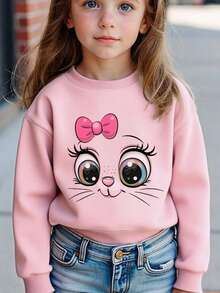 1pc Girls Casual Bow & Cute Face Print Crew Neck Sweatshirt, Minimalist Style, Suitable For Students, Autumn/Winter - Pink - View 7