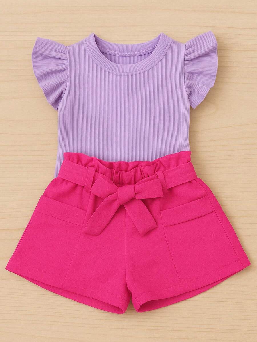 Children's Set Cropped Frufru Blouse + Linen Clochard Shorts Kit With 2 Super Stylish Pieces CJI033 - Pink and Lilac - View 1