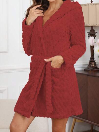 Casual Furry Hooded Waist Tie Sleepwear Robe, European & American Cross-Border E-Commerce, Fluffy, For Christmas