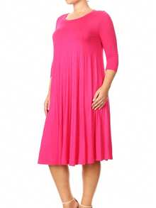 Plus Size Casual 3/4 Sleeves Basic A-Line Pleated Solid Midi Dress  Wedding - Hot Pink - View 2