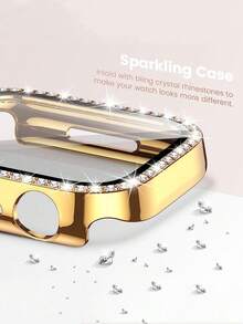 1pc Unisex Shiny Rhinestone Decorated Fashionable Scratch-Resistant Ultra-Thin Tempered Glass Screen Protector & Watch Case, Compatible With 38/40/41/42/44/45/46/49mm Series Ultra/SE/11/10/9/8/7/6/5/4/3/2/1, Smart Watch Accessory - Gold - View 6