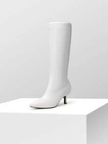 Women's Knee-High Boots, Comfortable Chunky Block Heel Pointed Toe Pull On Side Zipper Suede Slouch Riding Boots - White - View 3