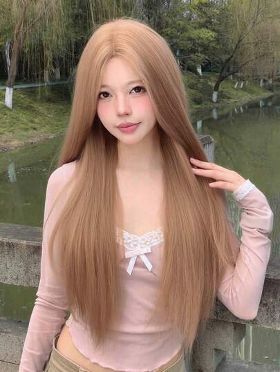 alicegarden Encaje para la frente 4 * 1, peluca recta con encaje para la frente, peluca recta larga de 30 pulgadas de lino dorado, uso diario natural semi tejido, peluca realista de uso diario natural