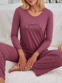 Mirano Slogan Print Short Sleeve Top & Cherry Pattern Long Pants Pajama Set - Lilac Purple - View 3