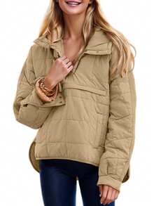 Puffer Jacket Womens Hooded Oversized Quilted Pullover Lightweight Warm Womens Winter Coats Outwear - 卡其色 - 查看 1