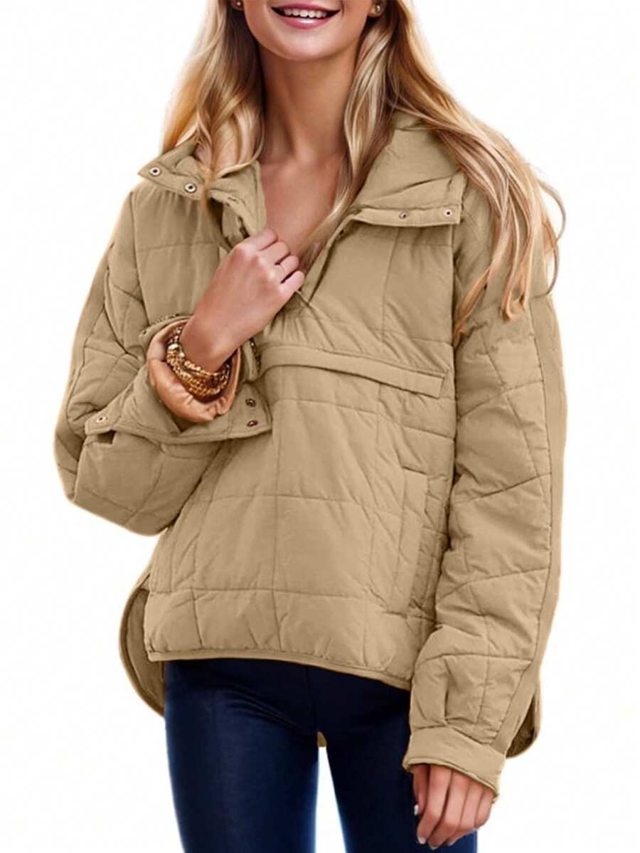 Puffer Jacket Womens Hooded Oversized Quilted Pullover Lightweight Warm Womens Winter Coats Outwear - 卡其色 - 查看 1