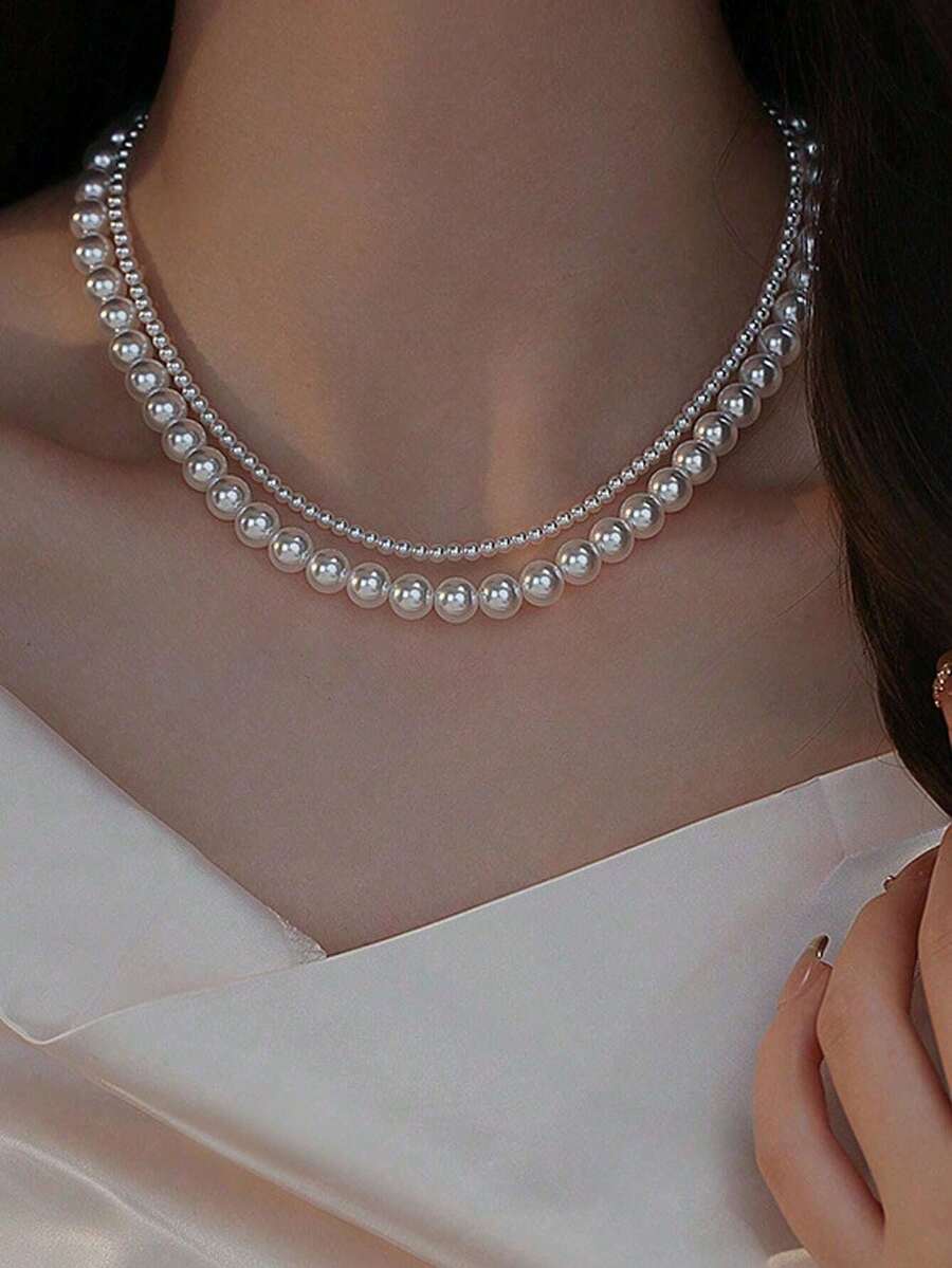 1pc Double Layer Pearl Choker Necklace, Elegant French Style Faux Pearl Wrap Around Necklace For Women, Lightweight Luxury Necklace Suitable For Work, Outdoor, Date Occasions - White - View 1