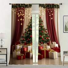 2PCS Festive Christmas Curtains With Tree And Gift Design - Translucent Privacy Curtains, Rod Bags For Easy Installation, Suitable For Bedroom, Living Room, Kitchen, Bathroom - Elegant Home Windows, Living Room Curtains | Festive Curtains | Translucent Materials, Living Room Christmas Curtains, Suitable For Halloween And Christmas