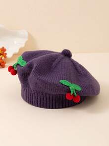 1 pieza Gorro de boina tejido con diseño de cereza lindo para niños, adecuado para usar en otoño/invierno para mantener el calor y para uso diario - A - Ver 4