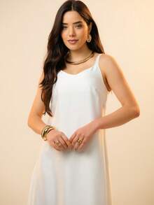 Italian Style Boat Neck Sleeveless Fitted Dress For Women - White - View 4
