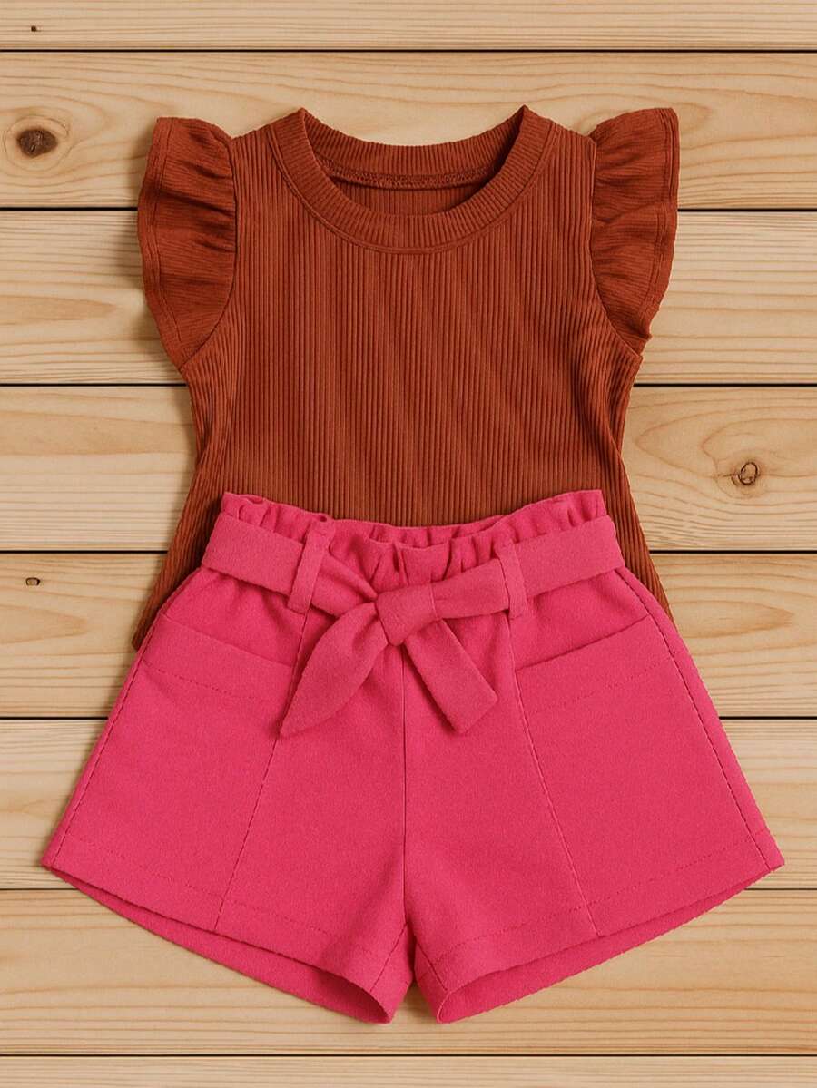 Children's Set Cropped Frufru Blouse + Linen Clochard Shorts Kit With 2 Super Stylish Pieces CJI033 - 粉紅色和焦糖色 - 查看 1