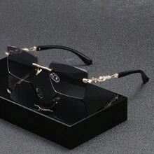 1pc Men's Minimalist Rimless Edged Luxury Metal Sunglasses With Leopard Decoration, Vintage Big Frame Unisex Sunglasses