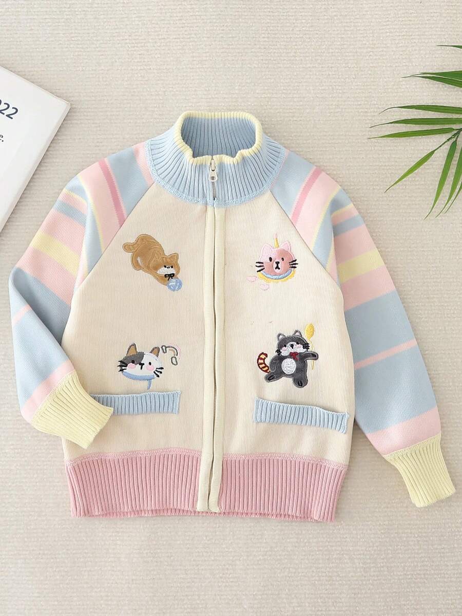 Sweater Kardigan Rajut Ritsleting Baru Musim Gugur/Dingin untuk Anak Perempuan, Berlapis Termal dengan Desain Kartun Bordir, Termal Satu Potong