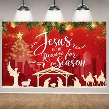 Peinture décorative religieuse de Noël, présentant la scène de la Nativité, l'arbre de Noël et la ville, interprétant "Jésus est la raison de la saison", exprimant pleinement le sentiment religieux des fêtes, transmettant la foi du festival, convenant pour l'arbre de Noël, l'atmosphère des fêtes.