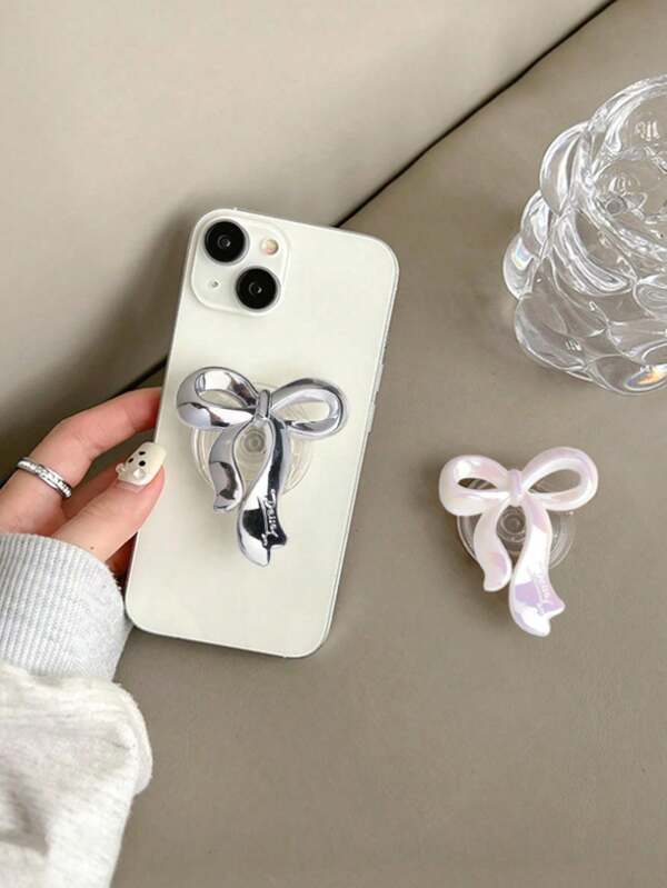 1pc Bowknot Engraved Letter Phone Grip Holder, Electroplated Acrylic Creative Cute High-Quality Aesthetic Expandable Grip Stand, 2-In-1 Adhesive Sticker & Holder, Suitable For Most Smartphones