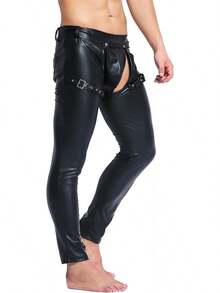 Mens Skinny Pants Faux Leather Open Crotch Trousers With Bulge Pouch-20256688 - A-Đen - Xem 6