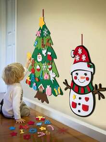 1 件，毛毡圣诞树套装，带装饰品和雪人降临节日历，适用于家庭壁挂毛毡圣诞工艺套件，圣诞节装饰派对用品礼物 - 彩色 - 查看 2