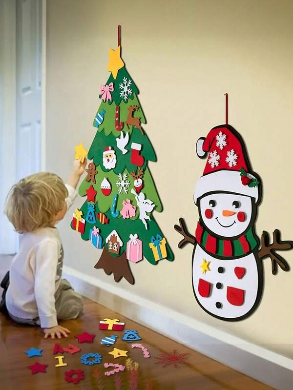 1 pieza, Juego de árbol de Navidad de fieltro con adornostalla grandes calendario de adviento de muñeco de nieve para colgar en la pared, kit de manualidades navideñas de fieltro, decoración navideña, suministros para fiestas, regalos