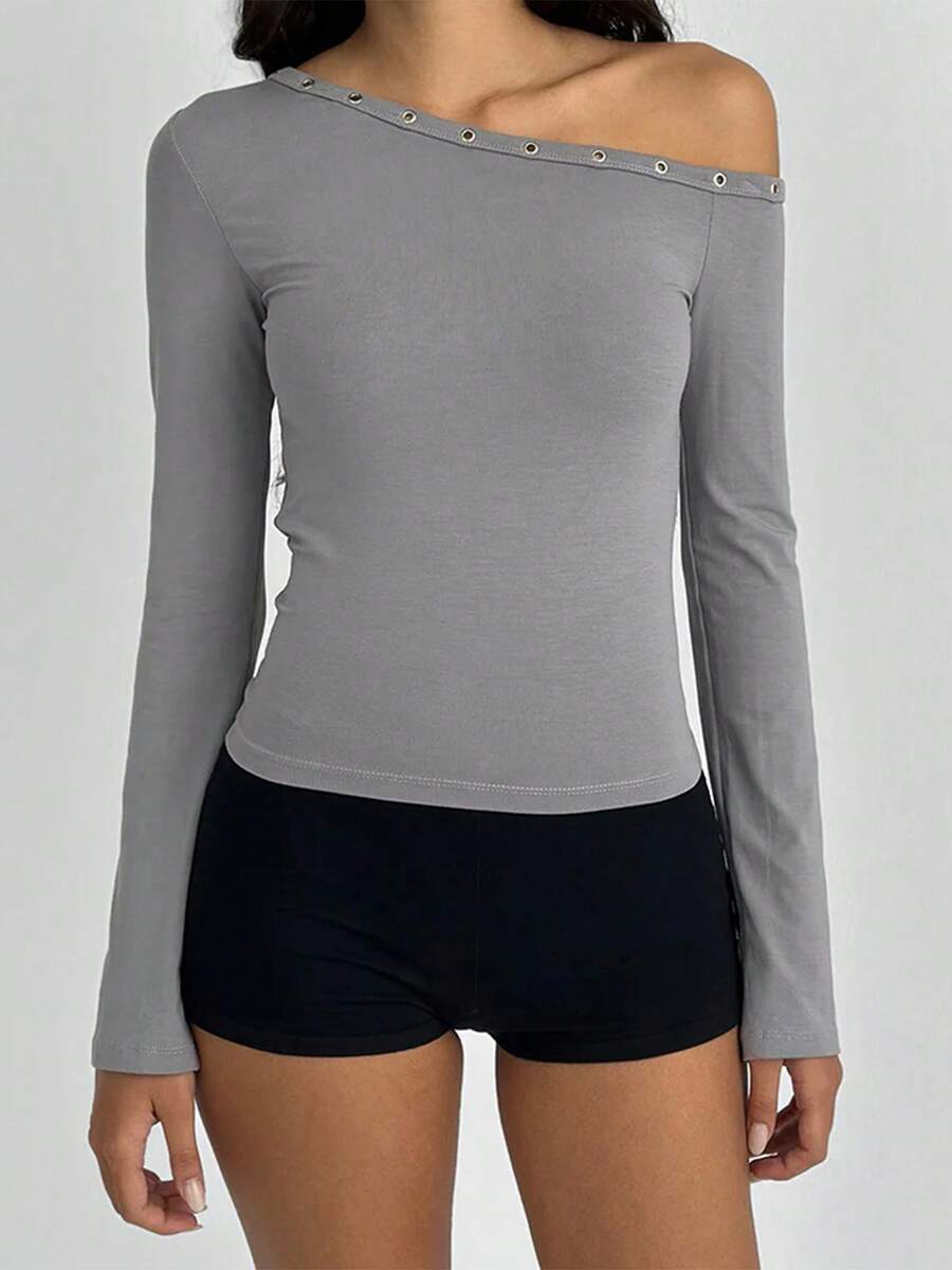 Women's Off One Shoulder Tops Fashionable Solid Color Long Sleeve Slim Fit Shirts - 深灰色 - 查看 1