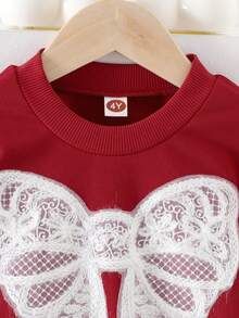 2pcs Young Girls Cute Butterfly Embroidered Long Sleeve Sweatshirt And Denim Pants Set, Spring/Autumn - Burgundy - View 3