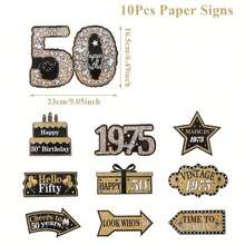 10pcs 50th Birthday Party Supplies - Elegant Black And Golden Flashing Paper Signs, Vintage-Inspired Decorations For Adult Celebrations, Includes "Happy 50th Birthday" And "Cheers To 50 Years" Designs, Celebration Signs|Decorative Party Signs|Glitter Embellishments, Birthday Party Decorations