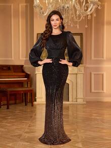 Vestido largo de noche con abertura, cuello redondo, mangas farol y aplicaciones de lentejuelas para mujer [corte aleatorio] de UNITHORSE, perfecto para ocasiones formales como galas, graduaciones y fiestas - Negro - Ver 5