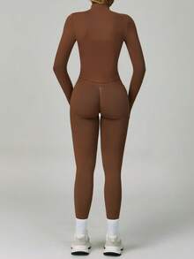 Yefecy 女士塑形运动套装，拉链塑形外套（带拇指孔袖）和高腰紧身裤，春季款 - 棕色 - 查看 3