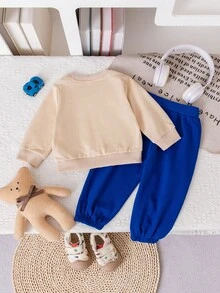 2pcs/Set Cute Bear Graphic Apricot Long Sleeve Hoodie & Blue Jogger Pants Outfit, Casual Wear For Baby Boys - Blue - View 2