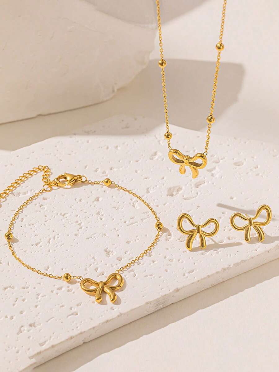 4pcs Elegant Bow Knot Jewelry Sets Women Fashion Gold Plated Earrings Necklace Bracelet Sets Birthday Party Vacation Accessories Gift For Girlfriend Lovers