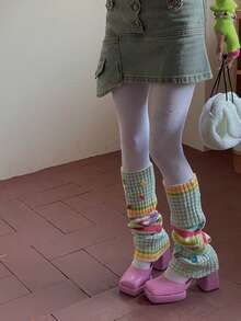 1pair Colorful Millennial Hot Girl Striped -Contrast Color Ins Style Pile Knitted Yarn Leg Cover-Pay Attention To The Random Color Position Of Color Buttons, Cozy