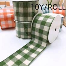10 Yards/Roll, 63.5mm2.5-Inch Green Wide Plaid Imitation Linen Ribbon, Imitation Linen Plaid Toggle Ribbon, Bow Bouquet Decoration Gift Packaging, Flowers, Balloons, Craft Sewing, Valentine's Day, Packaging Gift Box Wedding, Lace Accessories Handmade DIY Holiday Scene Decoration Crafts Birthday Party Clothing Accessories - 綠色 - 查看 3