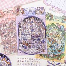 3 arkusze naklejek z miniaturowymi krajobrazami, seria bajek, urocze naklejki dekoracyjne 3D dla uczniów, 3 arkusze naklejek ze zwierzętami + 1 arkusz tektury ze sceną - Wielokolorowe - Zobacz 3