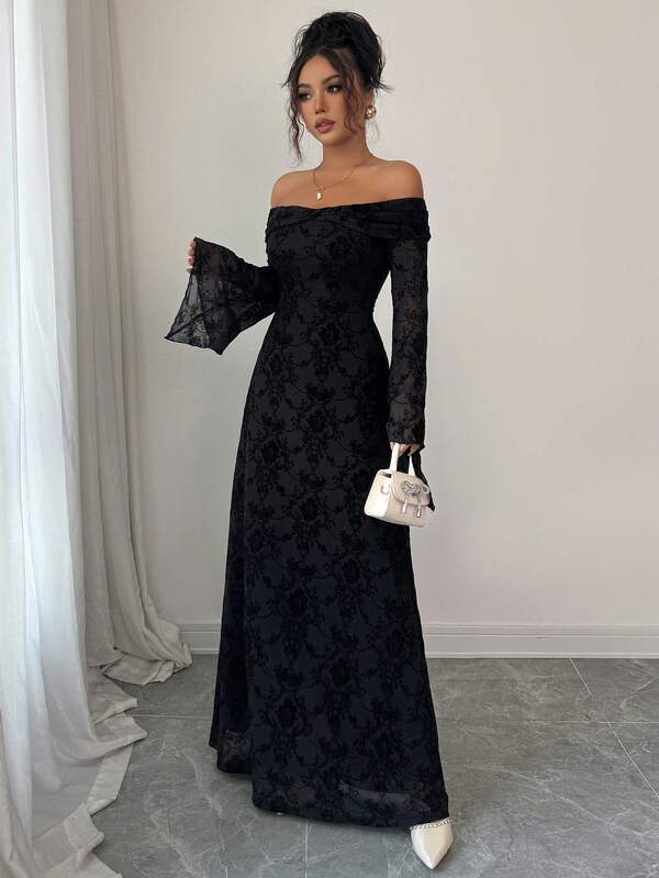 Damen Gothic Off-Shoulder Samt Weites Ärmel Langes A-Linien Maxikleid - Elegantes Vintage Abendkleid für Party, Silvester, Bankett, Erntedankfest, Weihnachten