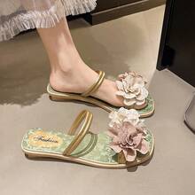 Sandales plates bohèmes pour femmes  synthétique PVC avec appliqués, convenant pour la plage et l'extérieur, à double port, pour l'été