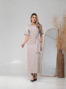 Long Dress With Short Sleeves With Belt Formal And Evening V775 - Beige - View 3