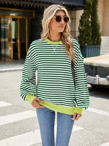 Womens Oversized Striped Sweatshirt Crewneck Long Sleeve Pullover Top Casual Y2K Fall Winter Spring Clothes Outdoor Shirt - 綠色 - 查看 3
