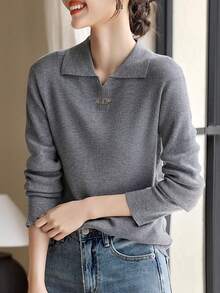 Korean Fashion Elegant Knitted Polo Collar Sweater For Women, Metal Decor, Long Sleeve Pullover Top, Suitable For Commuting, Dating, Can Be Worn Inside Or Outside, Autumn/Winter