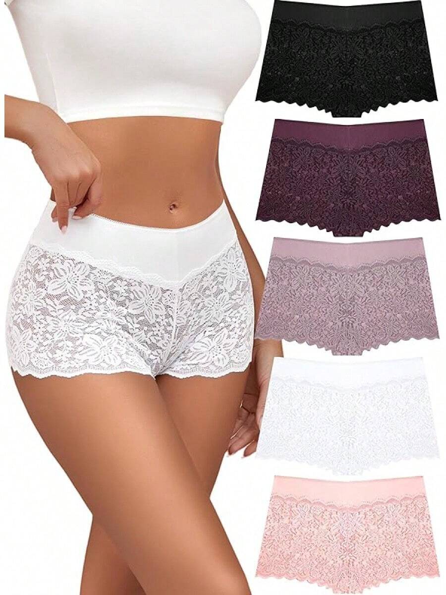 Lace Boy Shorts Cheeky Panties Breathable Womens Underwear Stretch Cotton Waistband Underwear Women 5 Pack - A-多色(5 件裝) - 查看 1