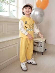 Bộ đồ 2 món cho trẻ em mùa thu 2025 Bộ đồ giả hai lớp mới - màu vàng nhạt - Xem 2