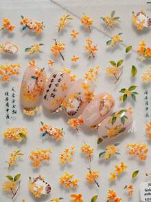 A Nail Sticker For Autumn And Winter Season, Featuring Embossed Laser Technology And Cartoon Floral Design, Featuring Flowers Such As Osmanthus, Osmanthus Stamens, And Cats, Suitable For Personal DIY And Nail Salon Use
